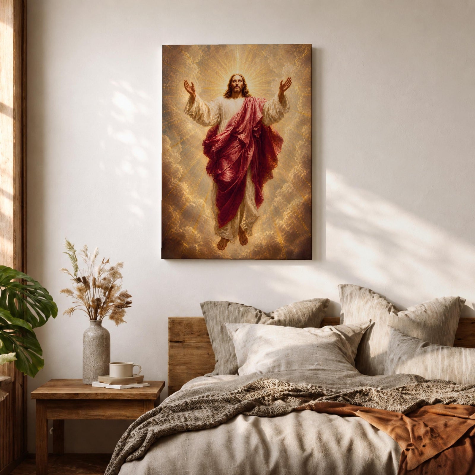 Jesus Christ wall art depicting the risen Savior ascending amid radiant heavenly light and clouds. With arms outstretched and surrounded by golden rays, this inspiring Christian artwork symbolizes resurrection, redemption, faith, hope, and divine glory.