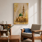 Masjid Nabawi wall art featuring the iconic Green Dome and elegant minaret of the Prophet’s Mosque in Medina. Enhanced with luxurious gold leaf-inspired textures and architectural details, this artwork captures the spiritual beauty, reverence, and timeless significance of one of Islam’s holiest sites.