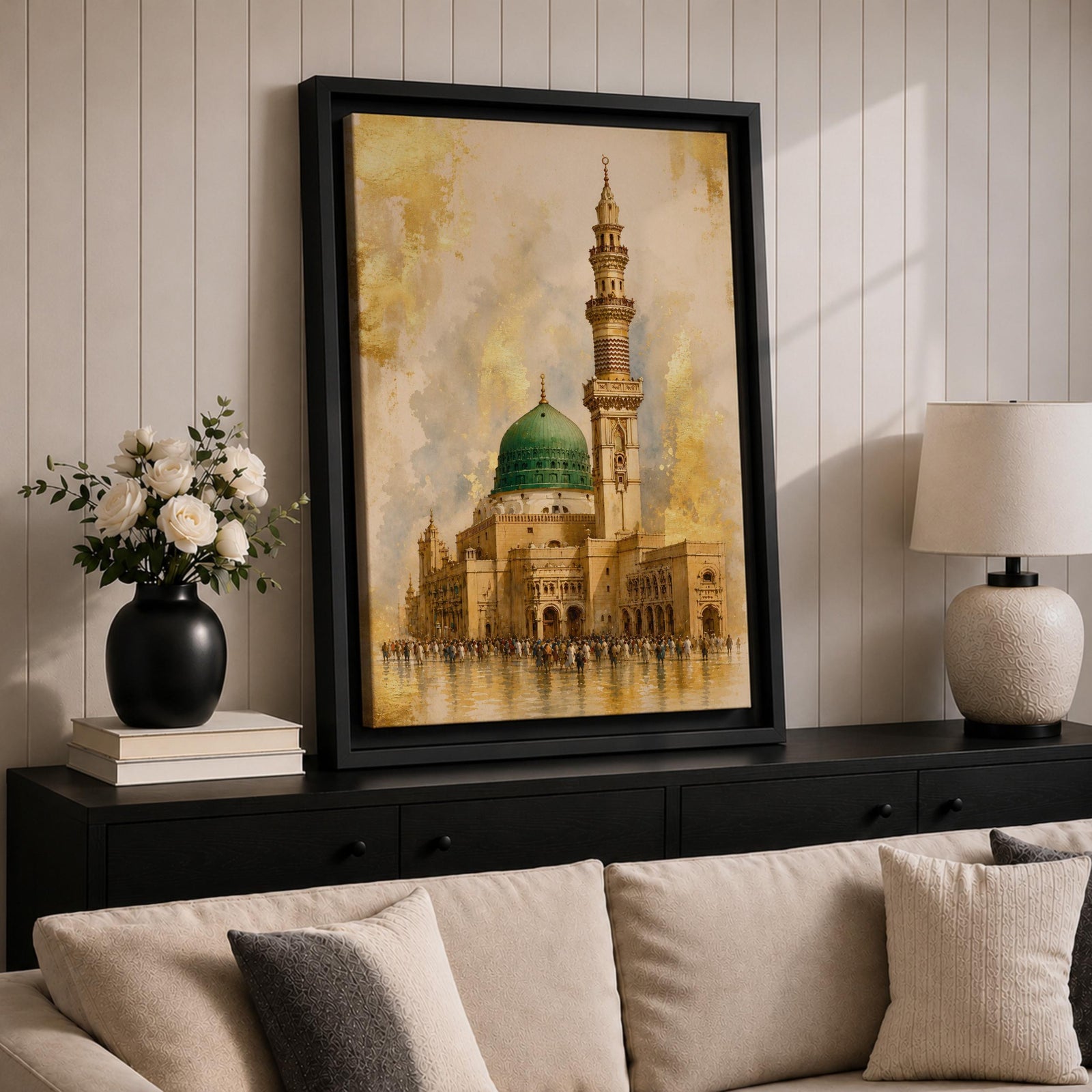 Masjid Nabawi wall art featuring the iconic Green Dome and elegant minaret of the Prophet’s Mosque in Medina. Enhanced with luxurious gold leaf-inspired textures and architectural details, this artwork captures the spiritual beauty, reverence, and timeless significance of one of Islam’s holiest sites.