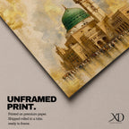Masjid Nabawi wall art featuring the iconic Green Dome and elegant minaret of the Prophet’s Mosque in Medina. Enhanced with luxurious gold leaf-inspired textures and architectural details, this artwork captures the spiritual beauty, reverence, and timeless significance of one of Islam’s holiest sites.