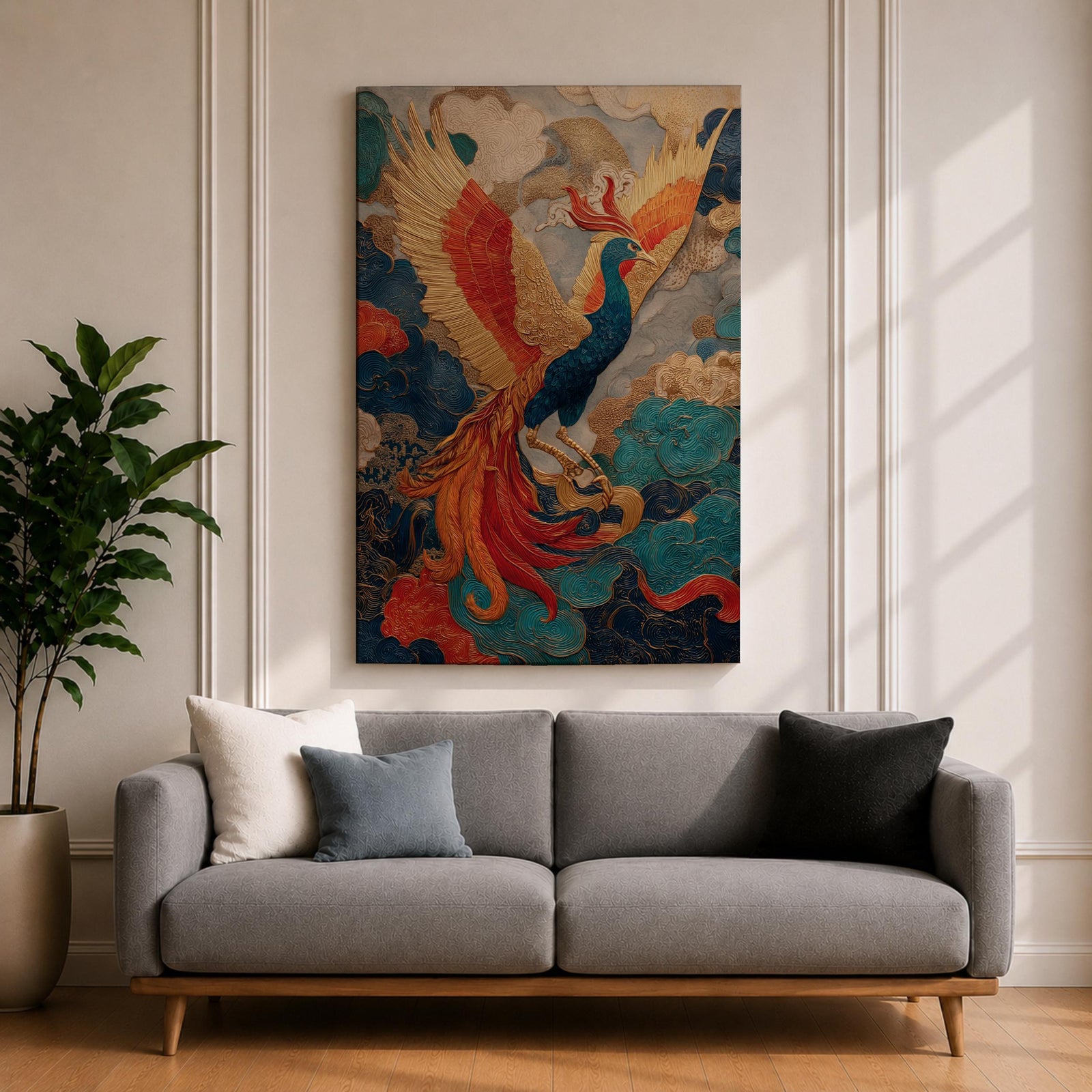 Phoenix wall art featuring a majestic mythical bird soaring through swirling clouds with expansive wings and flowing tail feathers. Rich ornamental details, vibrant colors, and fantasy-inspired design create a dramatic symbol of rebirth, transformation, and immortality.