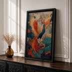 Phoenix wall art featuring a majestic mythical bird soaring through swirling clouds with expansive wings and flowing tail feathers. Rich ornamental details, vibrant colors, and fantasy-inspired design create a dramatic symbol of rebirth, transformation, and immortality.
