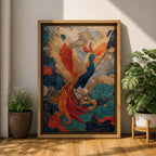 Phoenix wall art featuring a majestic mythical bird soaring through swirling clouds with expansive wings and flowing tail feathers. Rich ornamental details, vibrant colors, and fantasy-inspired design create a dramatic symbol of rebirth, transformation, and immortality.