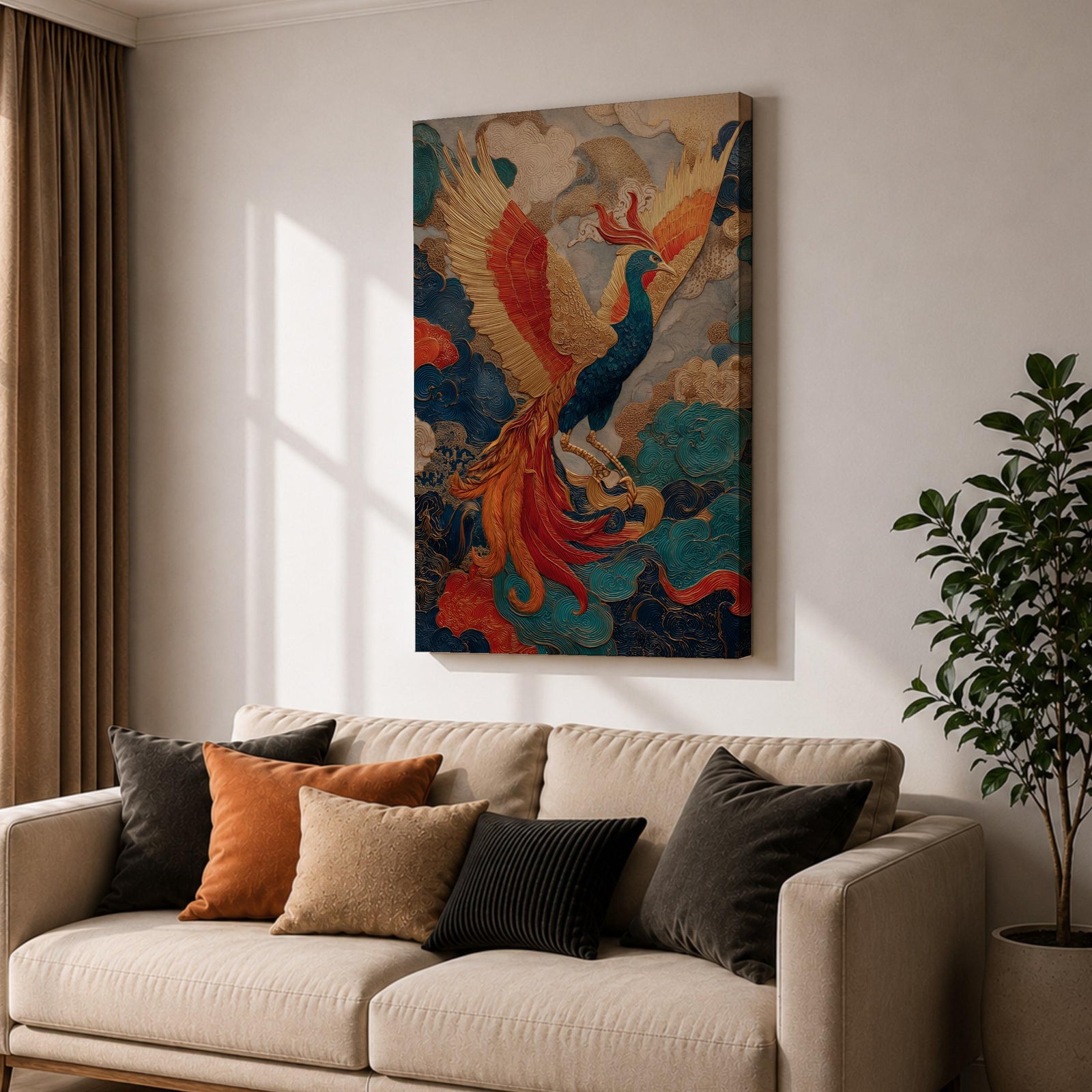Phoenix wall art featuring a majestic mythical bird soaring through swirling clouds with expansive wings and flowing tail feathers. Rich ornamental details, vibrant colors, and fantasy-inspired design create a dramatic symbol of rebirth, transformation, and immortality.