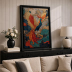 Phoenix wall art featuring a majestic mythical bird soaring through swirling clouds with expansive wings and flowing tail feathers. Rich ornamental details, vibrant colors, and fantasy-inspired design create a dramatic symbol of rebirth, transformation, and immortality.