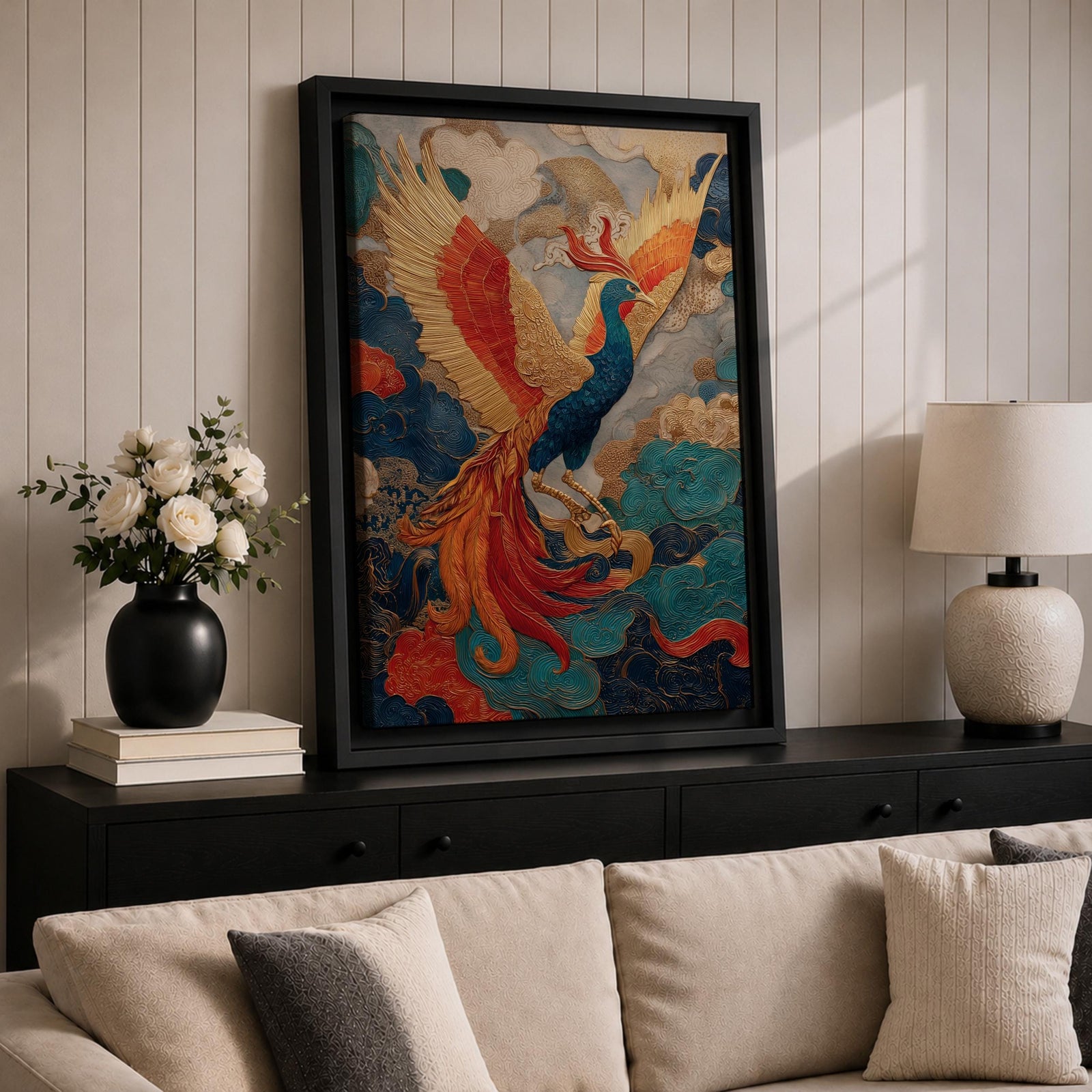 Phoenix wall art featuring a majestic mythical bird soaring through swirling clouds with expansive wings and flowing tail feathers. Rich ornamental details, vibrant colors, and fantasy-inspired design create a dramatic symbol of rebirth, transformation, and immortality.