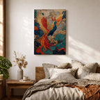 Phoenix wall art featuring a majestic mythical bird soaring through swirling clouds with expansive wings and flowing tail feathers. Rich ornamental details, vibrant colors, and fantasy-inspired design create a dramatic symbol of rebirth, transformation, and immortality.