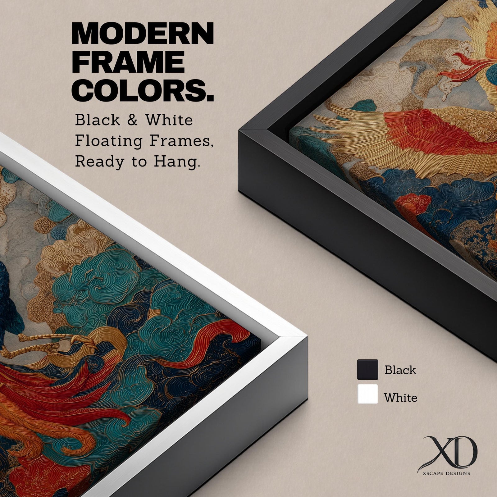 Phoenix wall art featuring a majestic mythical bird soaring through swirling clouds with expansive wings and flowing tail feathers. Rich ornamental details, vibrant colors, and fantasy-inspired design create a dramatic symbol of rebirth, transformation, and immortality.