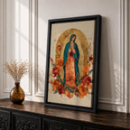 Honor your faith with this Our Lady of Guadalupe Wall Art, featuring a radiant gold halo, elegant floral accents, and warm, timeless colors. This beautiful Catholic canvas print creates a peaceful focal point for prayer rooms, living spaces, churches, or as a meaningful religious gift.