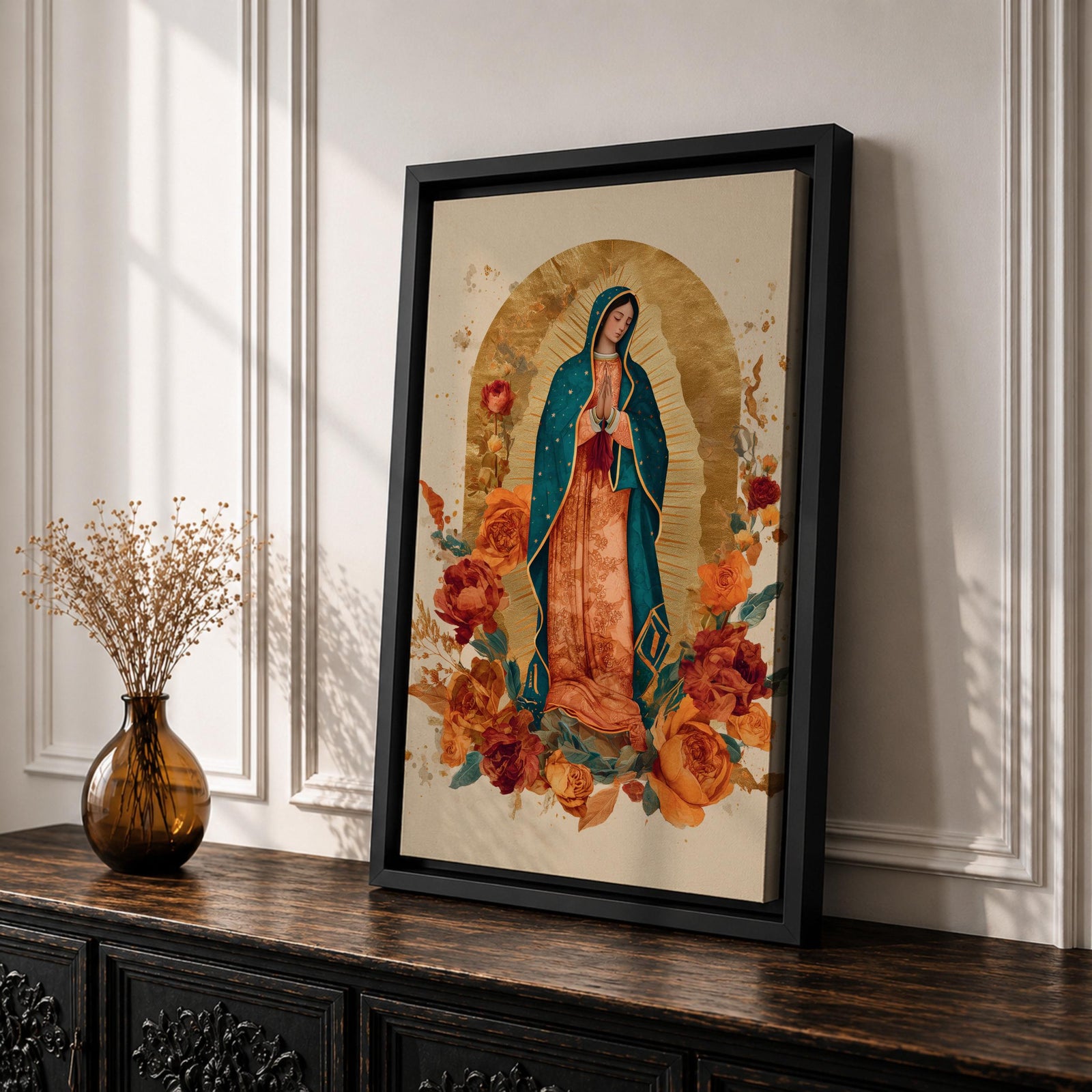 Honor your faith with this Our Lady of Guadalupe Wall Art, featuring a radiant gold halo, elegant floral accents, and warm, timeless colors. This beautiful Catholic canvas print creates a peaceful focal point for prayer rooms, living spaces, churches, or as a meaningful religious gift.