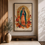 Honor your faith with this Our Lady of Guadalupe Wall Art, featuring a radiant gold halo, elegant floral accents, and warm, timeless colors. This beautiful Catholic canvas print creates a peaceful focal point for prayer rooms, living spaces, churches, or as a meaningful religious gift.