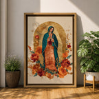 Honor your faith with this Our Lady of Guadalupe Wall Art, featuring a radiant gold halo, elegant floral accents, and warm, timeless colors. This beautiful Catholic canvas print creates a peaceful focal point for prayer rooms, living spaces, churches, or as a meaningful religious gift.