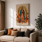 Honor your faith with this Our Lady of Guadalupe Wall Art, featuring a radiant gold halo, elegant floral accents, and warm, timeless colors. This beautiful Catholic canvas print creates a peaceful focal point for prayer rooms, living spaces, churches, or as a meaningful religious gift.