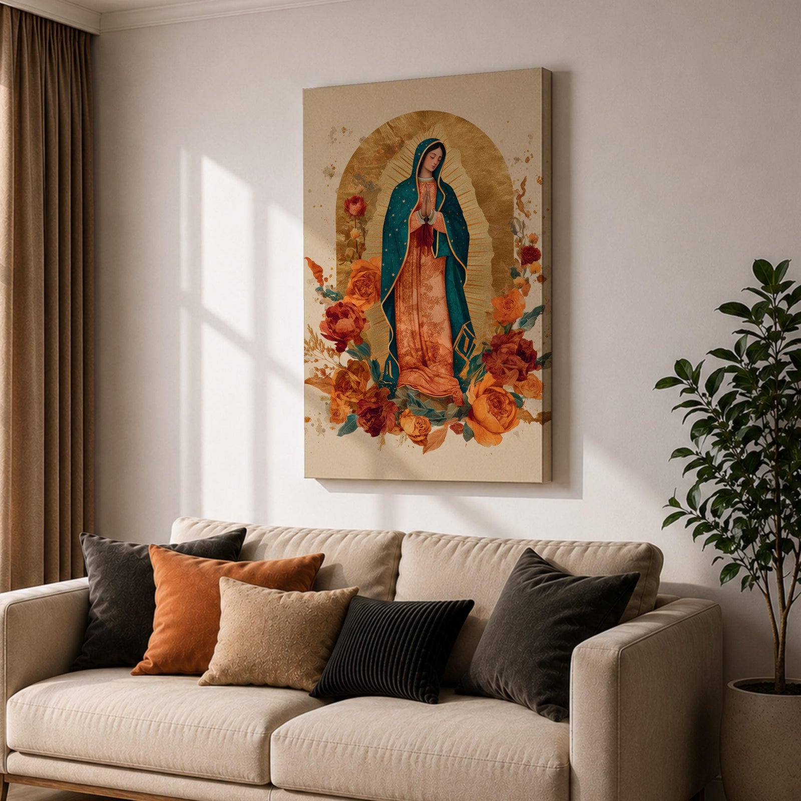 Honor your faith with this Our Lady of Guadalupe Wall Art, featuring a radiant gold halo, elegant floral accents, and warm, timeless colors. This beautiful Catholic canvas print creates a peaceful focal point for prayer rooms, living spaces, churches, or as a meaningful religious gift.