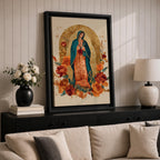 Honor your faith with this Our Lady of Guadalupe Wall Art, featuring a radiant gold halo, elegant floral accents, and warm, timeless colors. This beautiful Catholic canvas print creates a peaceful focal point for prayer rooms, living spaces, churches, or as a meaningful religious gift.