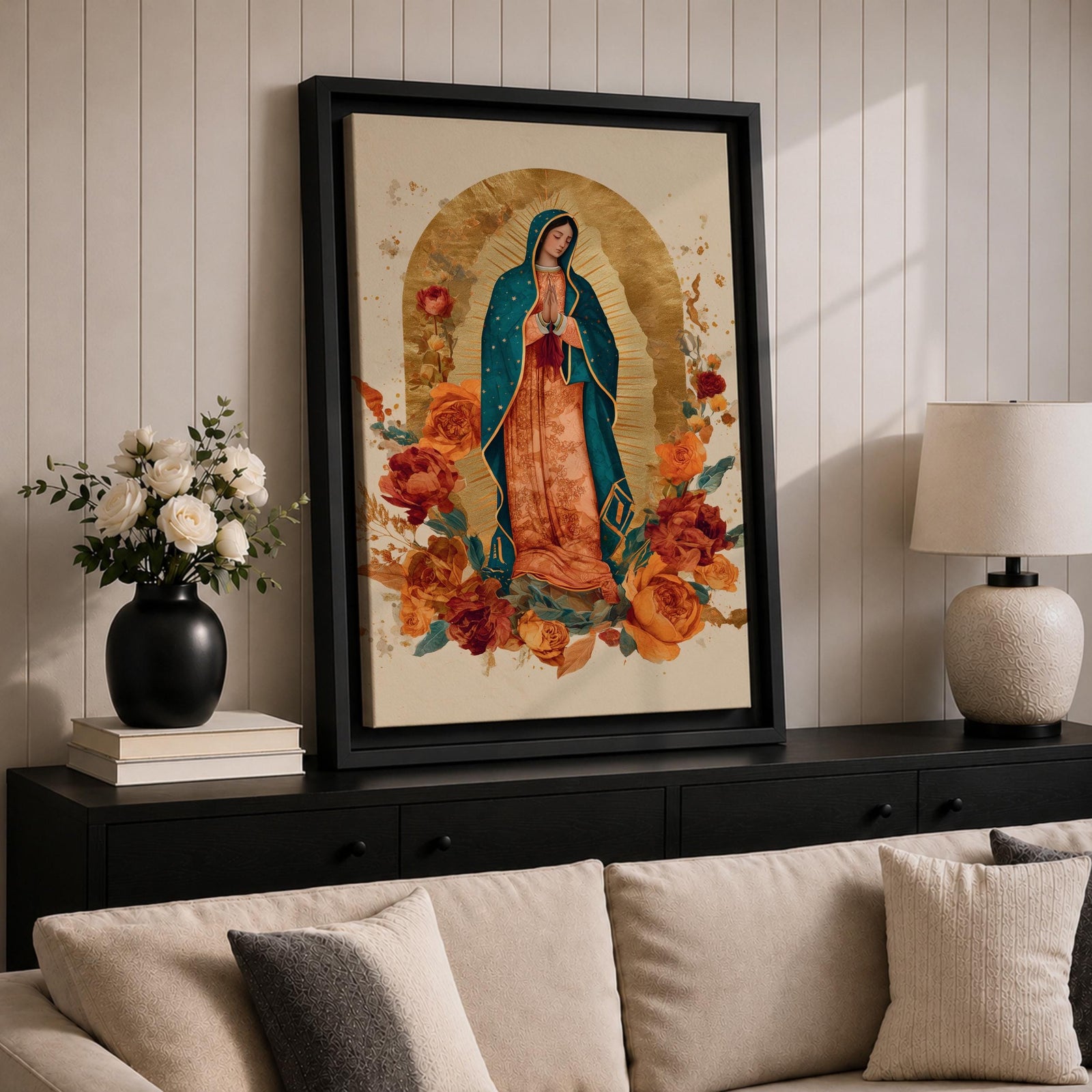 Honor your faith with this Our Lady of Guadalupe Wall Art, featuring a radiant gold halo, elegant floral accents, and warm, timeless colors. This beautiful Catholic canvas print creates a peaceful focal point for prayer rooms, living spaces, churches, or as a meaningful religious gift.