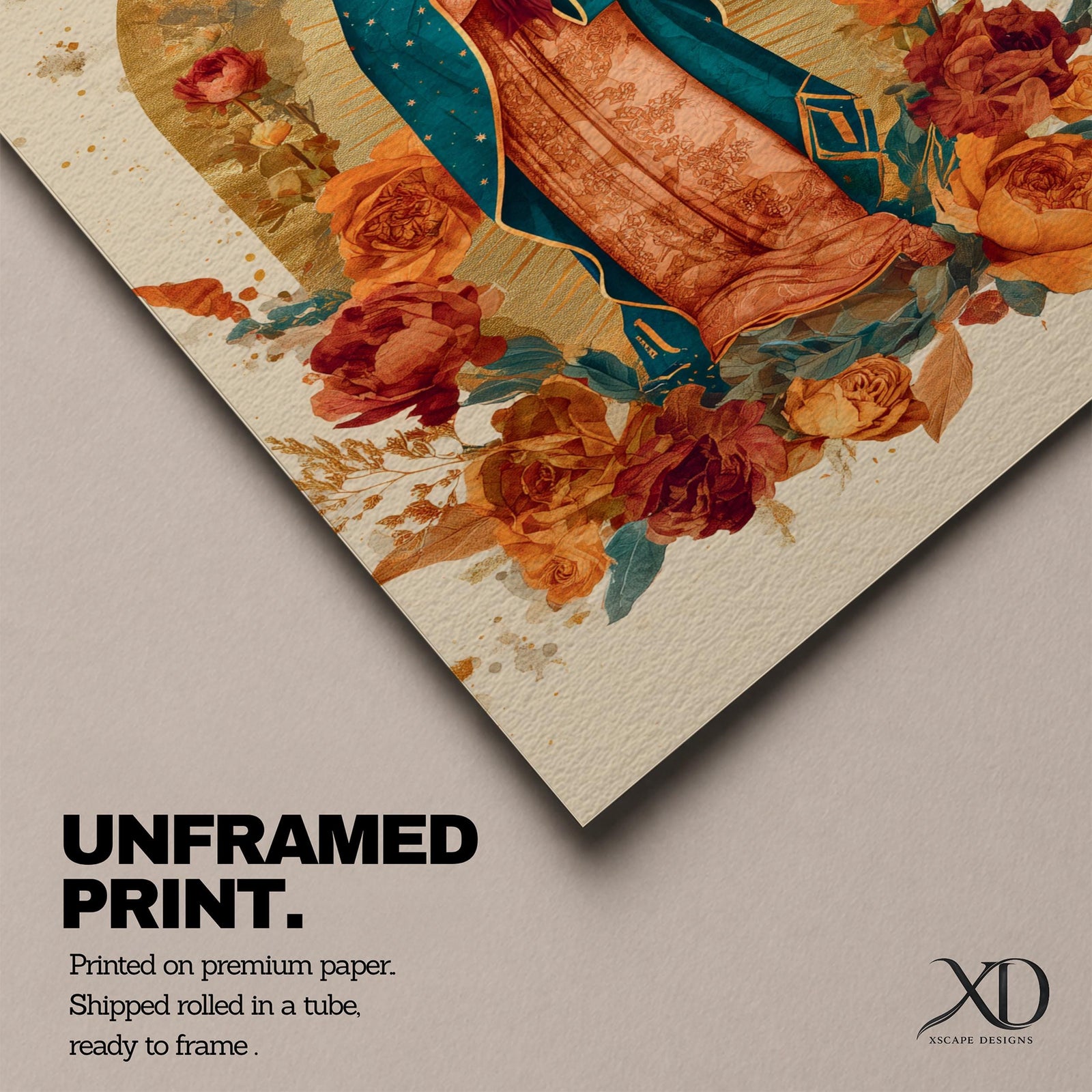 Honor your faith with this Our Lady of Guadalupe Wall Art, featuring a radiant gold halo, elegant floral accents, and warm, timeless colors. This beautiful Catholic canvas print creates a peaceful focal point for prayer rooms, living spaces, churches, or as a meaningful religious gift.