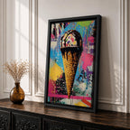 Colorful abstract painting of an ice cream cone with dripping chocolate on a vibrant splattered background featuring bright blues, pinks, yellows, and greens in a street art style.