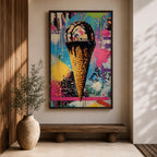 Colorful abstract painting of an ice cream cone with dripping chocolate on a vibrant splattered background featuring bright blues, pinks, yellows, and greens in a street art style.