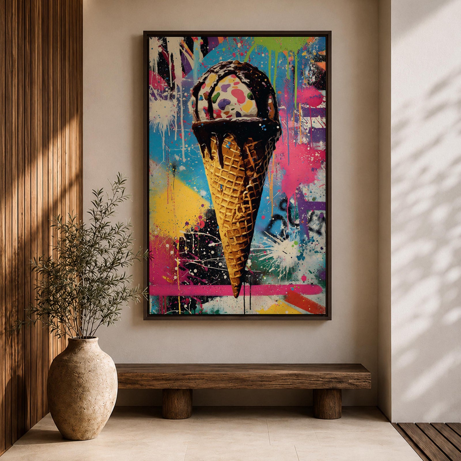 Colorful abstract painting of an ice cream cone with dripping chocolate on a vibrant splattered background featuring bright blues, pinks, yellows, and greens in a street art style.