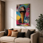 Colorful abstract painting of an ice cream cone with dripping chocolate on a vibrant splattered background featuring bright blues, pinks, yellows, and greens in a street art style.
