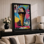Colorful abstract painting of an ice cream cone with dripping chocolate on a vibrant splattered background featuring bright blues, pinks, yellows, and greens in a street art style.