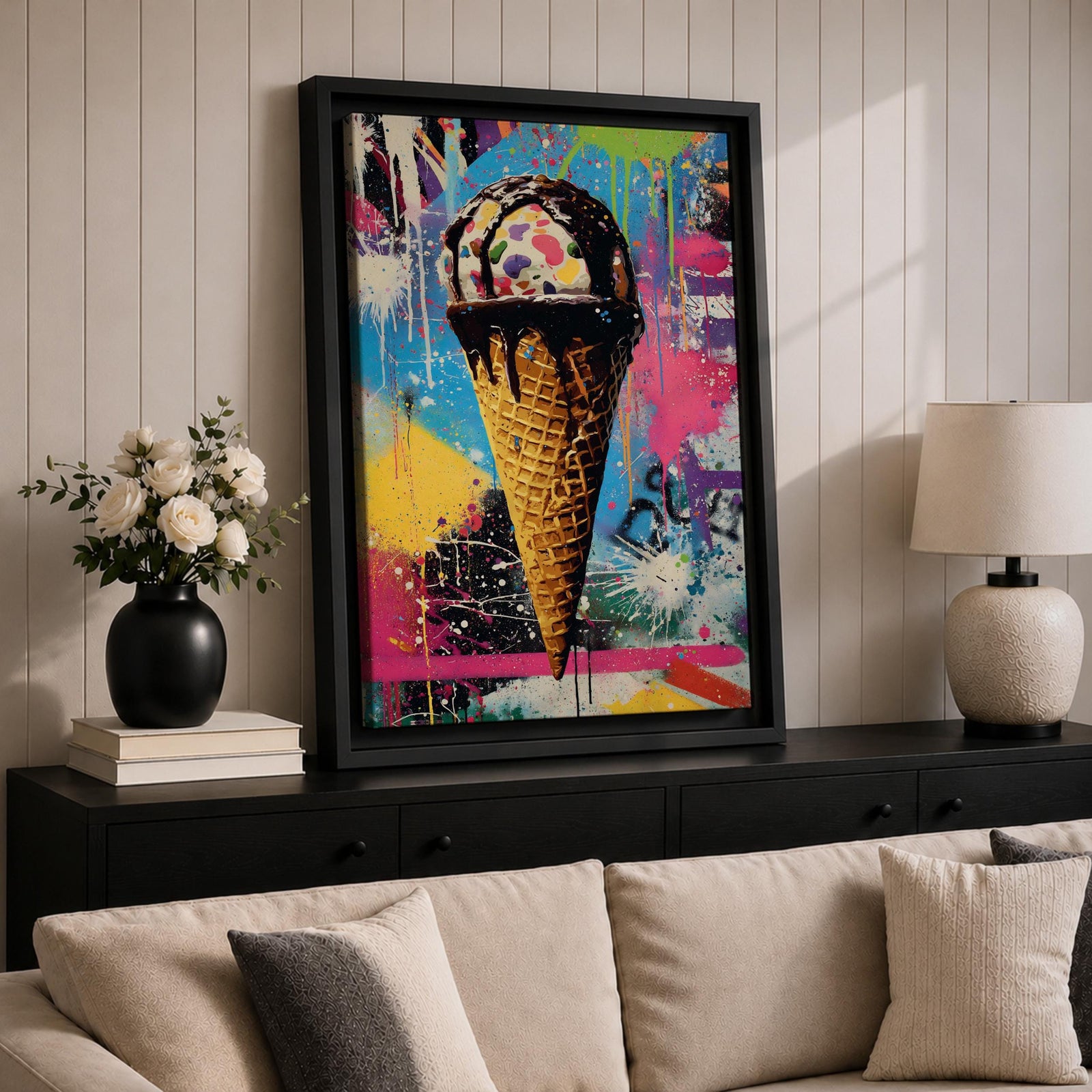 Colorful abstract painting of an ice cream cone with dripping chocolate on a vibrant splattered background featuring bright blues, pinks, yellows, and greens in a street art style.