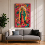 Virgin Mary wall art featuring Our Lady of Guadalupe surrounded by a vibrant floral garden of blooming roses and colorful flowers. This Christian artwork combines sacred devotion with botanical beauty, creating an uplifting religious centerpiece for a prayer room or faith-filled home.