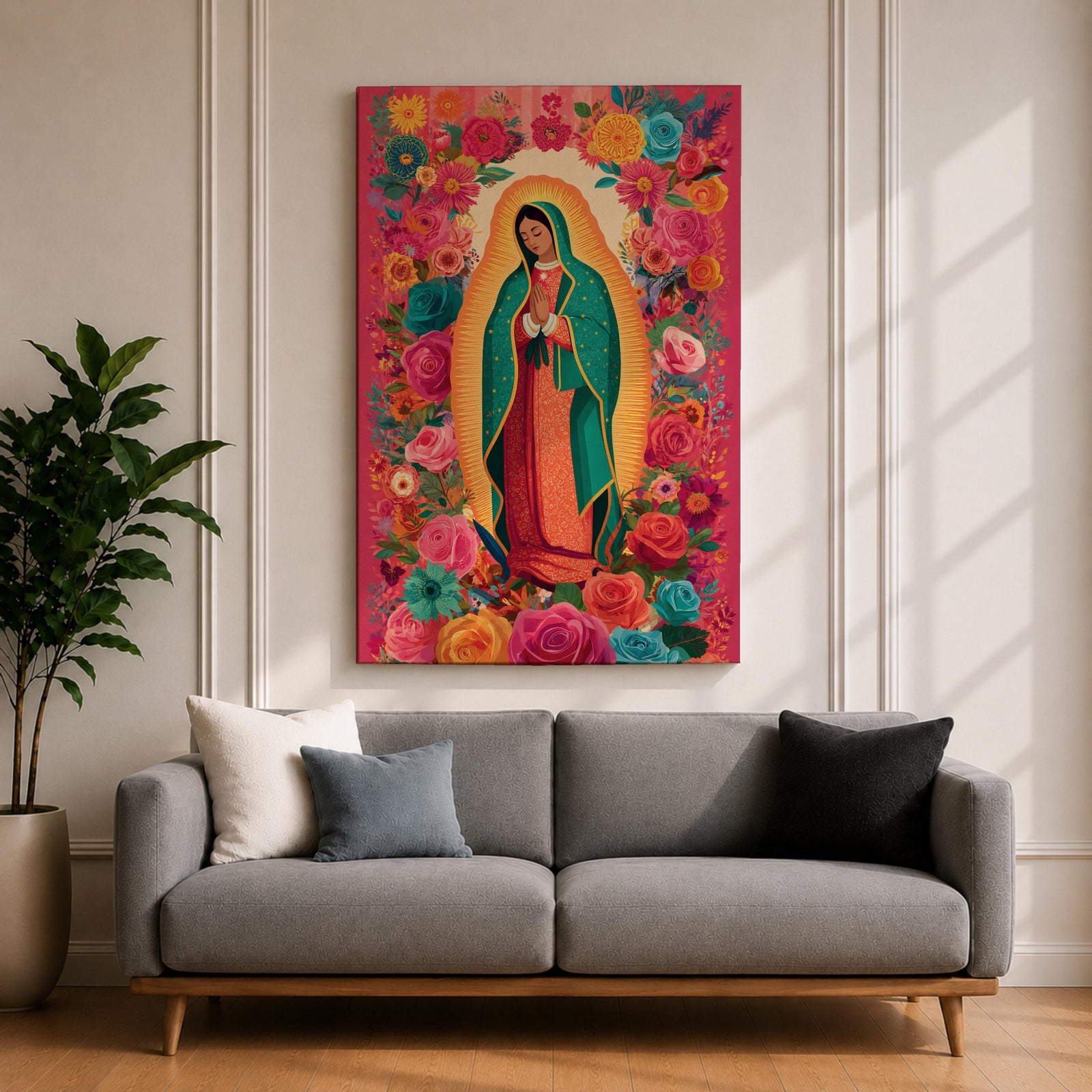 Virgin Mary wall art featuring Our Lady of Guadalupe surrounded by a vibrant floral garden of blooming roses and colorful flowers. This Christian artwork combines sacred devotion with botanical beauty, creating an uplifting religious centerpiece for a prayer room or faith-filled home.