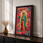 Virgin Mary wall art featuring Our Lady of Guadalupe surrounded by a vibrant floral garden of blooming roses and colorful flowers. This Christian artwork combines sacred devotion with botanical beauty, creating an uplifting religious centerpiece for a prayer room or faith-filled home.