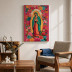 Virgin Mary wall art featuring Our Lady of Guadalupe surrounded by a vibrant floral garden of blooming roses and colorful flowers. This Christian artwork combines sacred devotion with botanical beauty, creating an uplifting religious centerpiece for a prayer room or faith-filled home.
