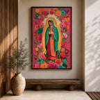 Virgin Mary wall art featuring Our Lady of Guadalupe surrounded by a vibrant floral garden of blooming roses and colorful flowers. This Christian artwork combines sacred devotion with botanical beauty, creating an uplifting religious centerpiece for a prayer room or faith-filled home.