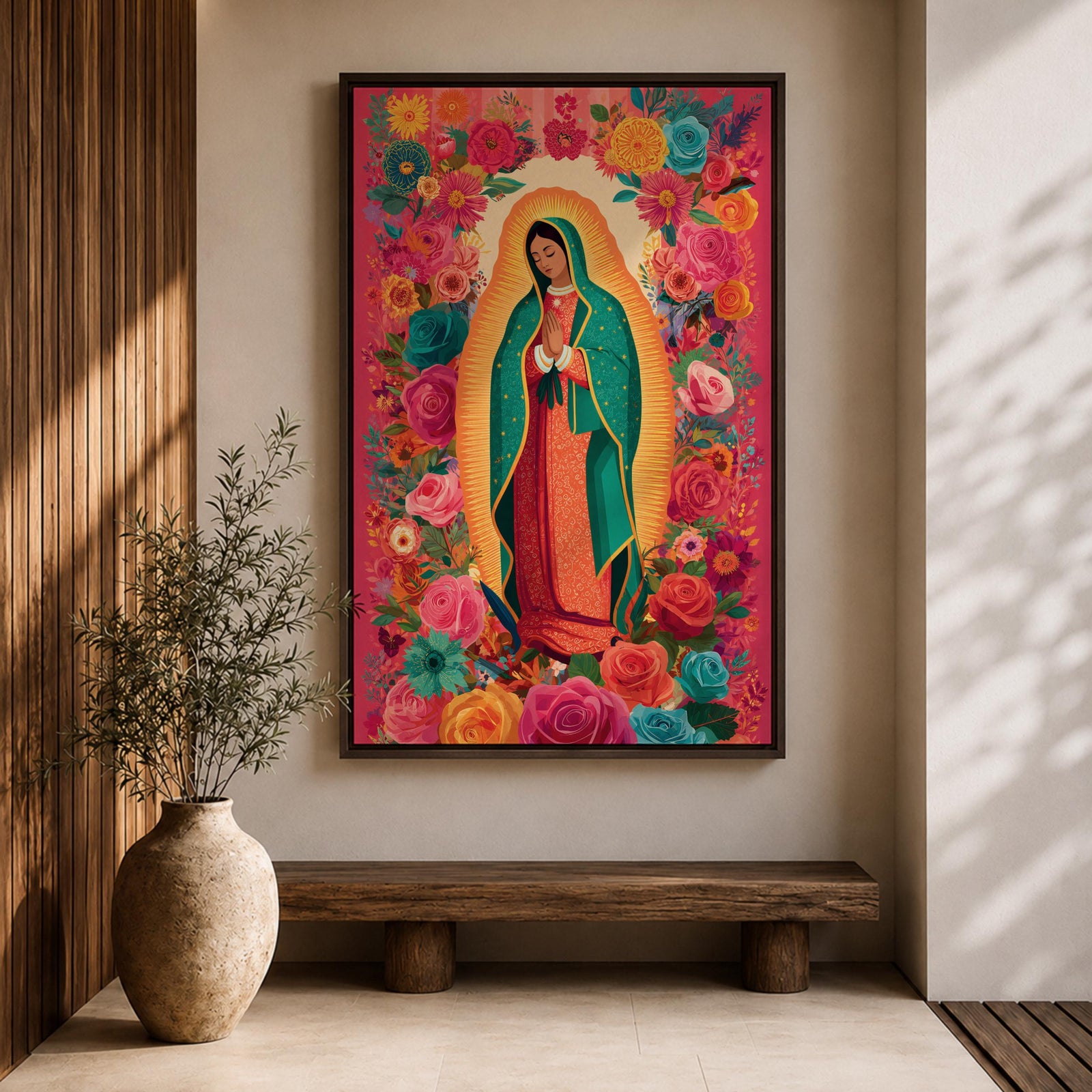 Virgin Mary wall art featuring Our Lady of Guadalupe surrounded by a vibrant floral garden of blooming roses and colorful flowers. This Christian artwork combines sacred devotion with botanical beauty, creating an uplifting religious centerpiece for a prayer room or faith-filled home.