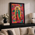 Virgin Mary wall art featuring Our Lady of Guadalupe surrounded by a vibrant floral garden of blooming roses and colorful flowers. This Christian artwork combines sacred devotion with botanical beauty, creating an uplifting religious centerpiece for a prayer room or faith-filled home.