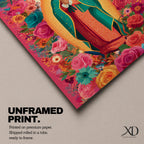 Virgin Mary wall art featuring Our Lady of Guadalupe surrounded by a vibrant floral garden of blooming roses and colorful flowers. This Christian artwork combines sacred devotion with botanical beauty, creating an uplifting religious centerpiece for a prayer room or faith-filled home.