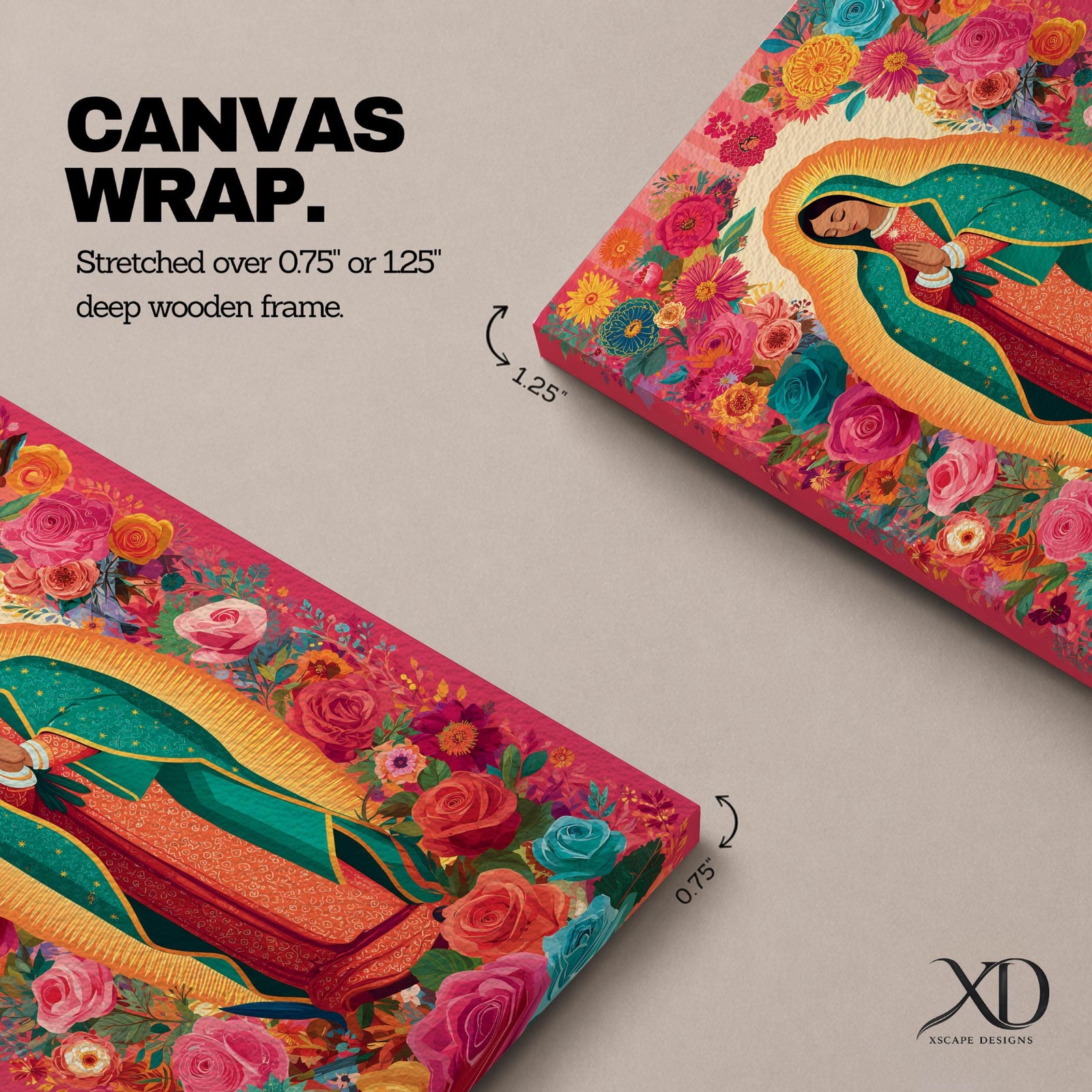 Virgin Mary wall art featuring Our Lady of Guadalupe surrounded by a vibrant floral garden of blooming roses and colorful flowers. This Christian artwork combines sacred devotion with botanical beauty, creating an uplifting religious centerpiece for a prayer room or faith-filled home.