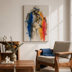 Holy Family wall art featuring Mary, Joseph, and baby Jesus in a tender embrace. This watercolor-style Christian artwork uses expressive sketch lines and soft flowing details to portray faith, love, protection, and the sacred bond of the Nativity story.