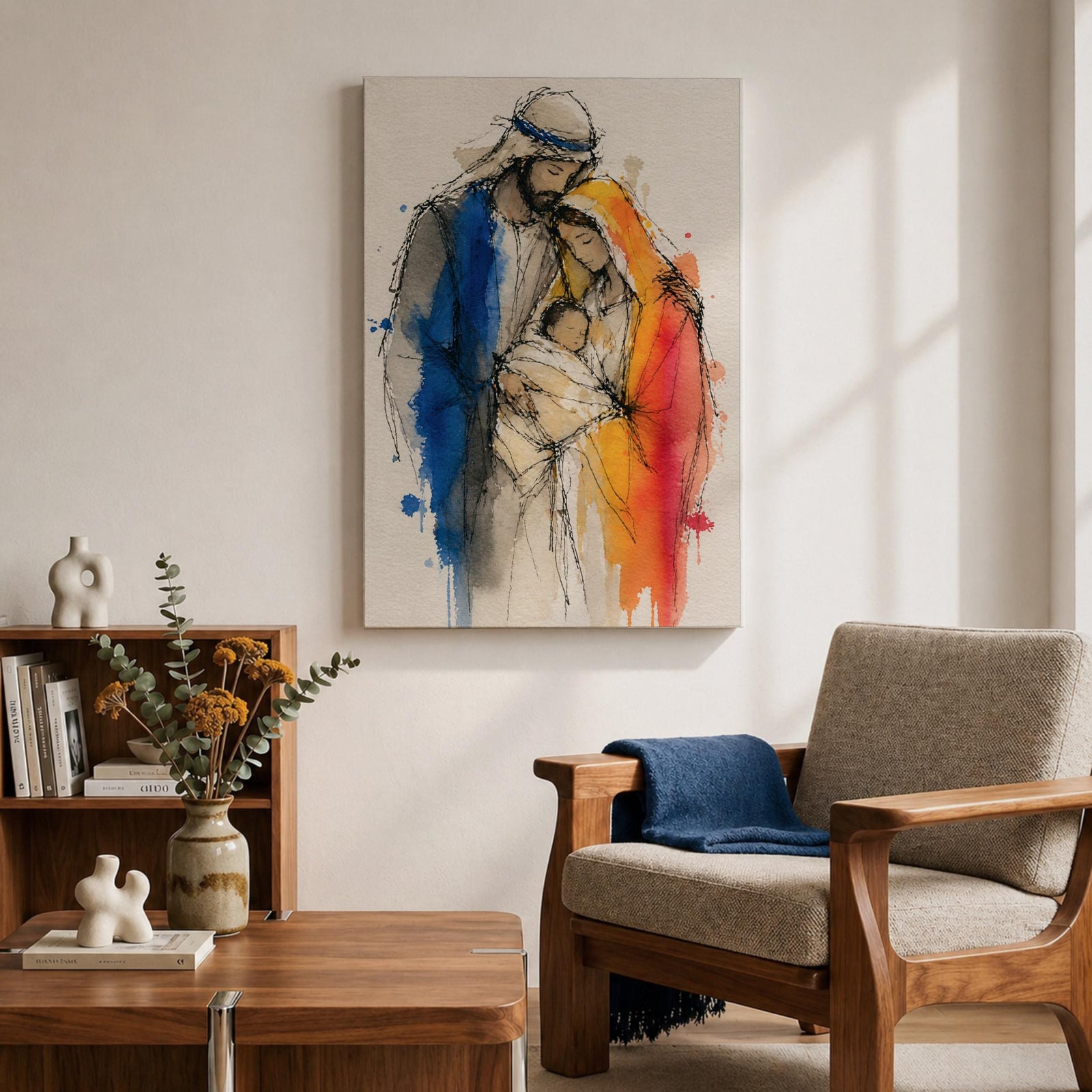 Holy Family wall art featuring Mary, Joseph, and baby Jesus in a tender embrace. This watercolor-style Christian artwork uses expressive sketch lines and soft flowing details to portray faith, love, protection, and the sacred bond of the Nativity story.