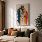 Holy Family wall art featuring Mary, Joseph, and baby Jesus in a tender embrace. This watercolor-style Christian artwork uses expressive sketch lines and soft flowing details to portray faith, love, protection, and the sacred bond of the Nativity story.