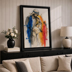 Holy Family wall art featuring Mary, Joseph, and baby Jesus in a tender embrace. This watercolor-style Christian artwork uses expressive sketch lines and soft flowing details to portray faith, love, protection, and the sacred bond of the Nativity story.