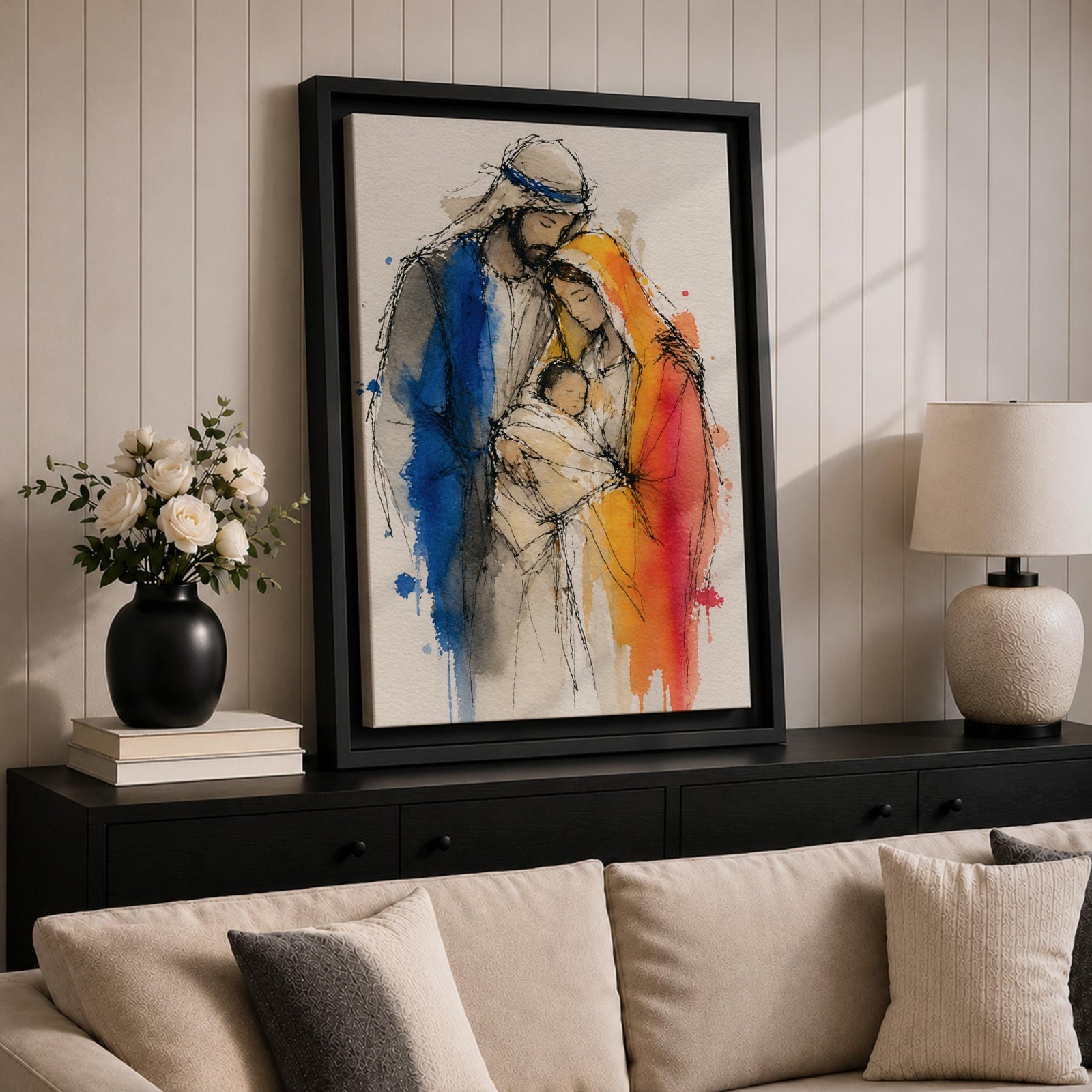 Holy Family wall art featuring Mary, Joseph, and baby Jesus in a tender embrace. This watercolor-style Christian artwork uses expressive sketch lines and soft flowing details to portray faith, love, protection, and the sacred bond of the Nativity story.