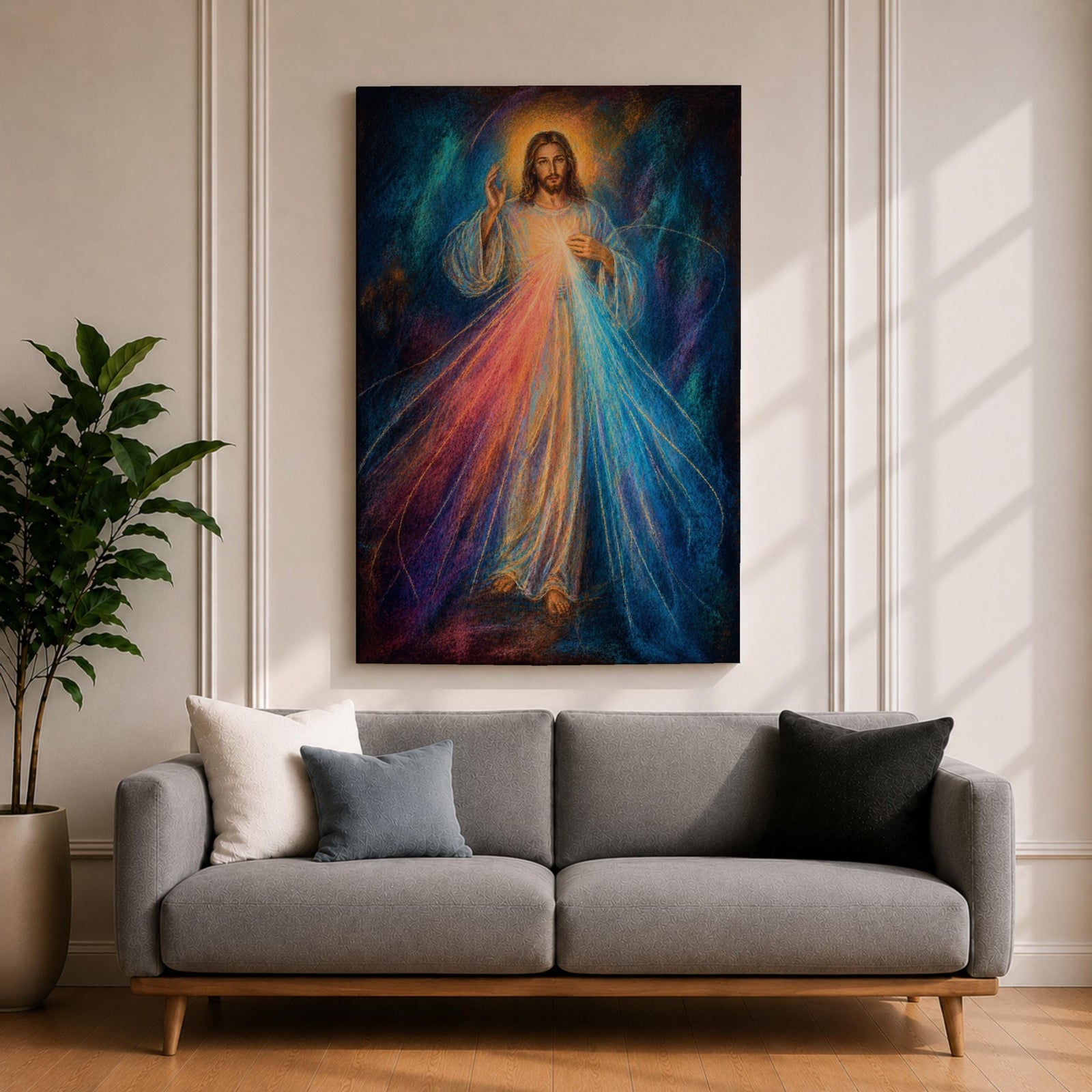 Divine Mercy wall art featuring Jesus Christ with a raised blessing hand and radiant mercy rays flowing from His chest. This Christian religious artwork combines spiritual symbolism, luminous light, and expressive details to create a peaceful devotional focal point.