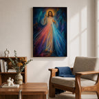 Divine Mercy wall art featuring Jesus Christ with a raised blessing hand and radiant mercy rays flowing from His chest. This Christian religious artwork combines spiritual symbolism, luminous light, and expressive details to create a peaceful devotional focal point.