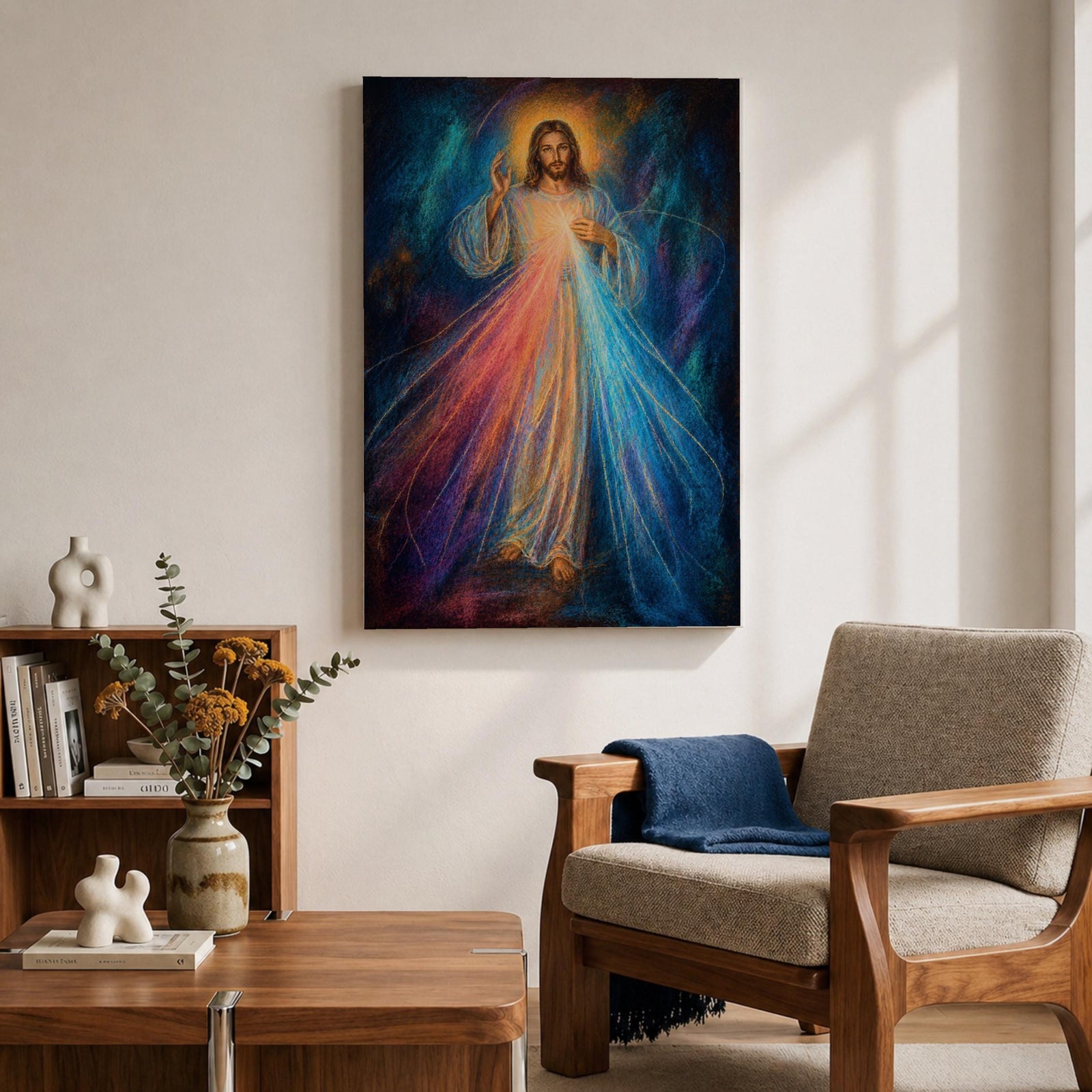 Divine Mercy wall art featuring Jesus Christ with a raised blessing hand and radiant mercy rays flowing from His chest. This Christian religious artwork combines spiritual symbolism, luminous light, and expressive details to create a peaceful devotional focal point.