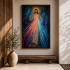 Divine Mercy wall art featuring Jesus Christ with a raised blessing hand and radiant mercy rays flowing from His chest. This Christian religious artwork combines spiritual symbolism, luminous light, and expressive details to create a peaceful devotional focal point.
