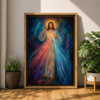 Divine Mercy wall art featuring Jesus Christ with a raised blessing hand and radiant mercy rays flowing from His chest. This Christian religious artwork combines spiritual symbolism, luminous light, and expressive details to create a peaceful devotional focal point.