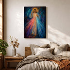 Divine Mercy wall art featuring Jesus Christ with a raised blessing hand and radiant mercy rays flowing from His chest. This Christian religious artwork combines spiritual symbolism, luminous light, and expressive details to create a peaceful devotional focal point.