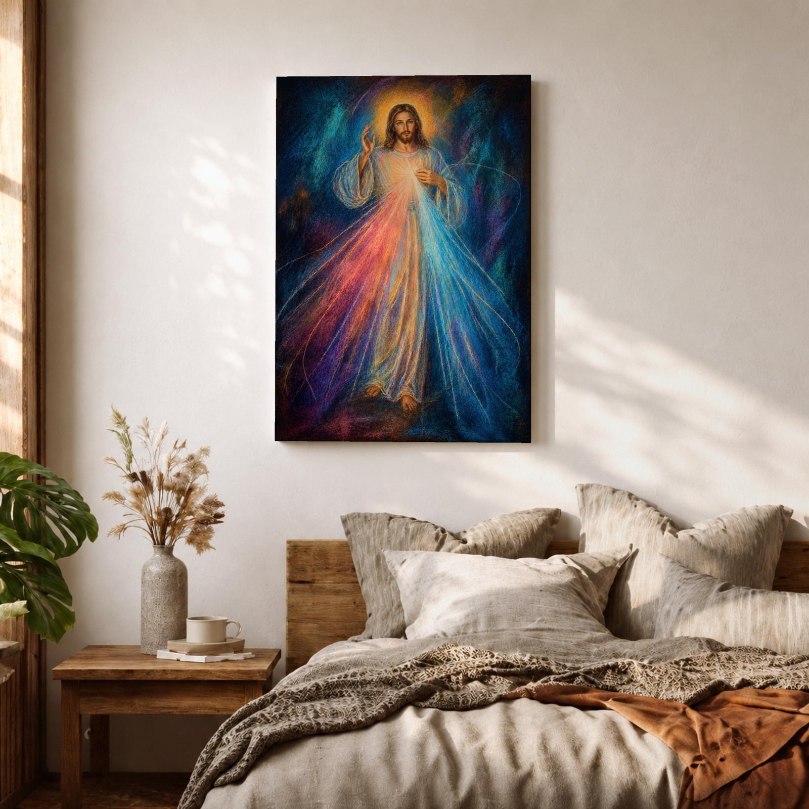 Divine Mercy wall art featuring Jesus Christ with a raised blessing hand and radiant mercy rays flowing from His chest. This Christian religious artwork combines spiritual symbolism, luminous light, and expressive details to create a peaceful devotional focal point.