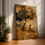 An impasto style painting depicting Jesus praying seated beneath a tree on a hill. The textured brushstrokes create a warm, abstract background with golden and earthy tones, emphasizing the contemplative figure in white robes, capturing a moment of quiet meditation and reflection.