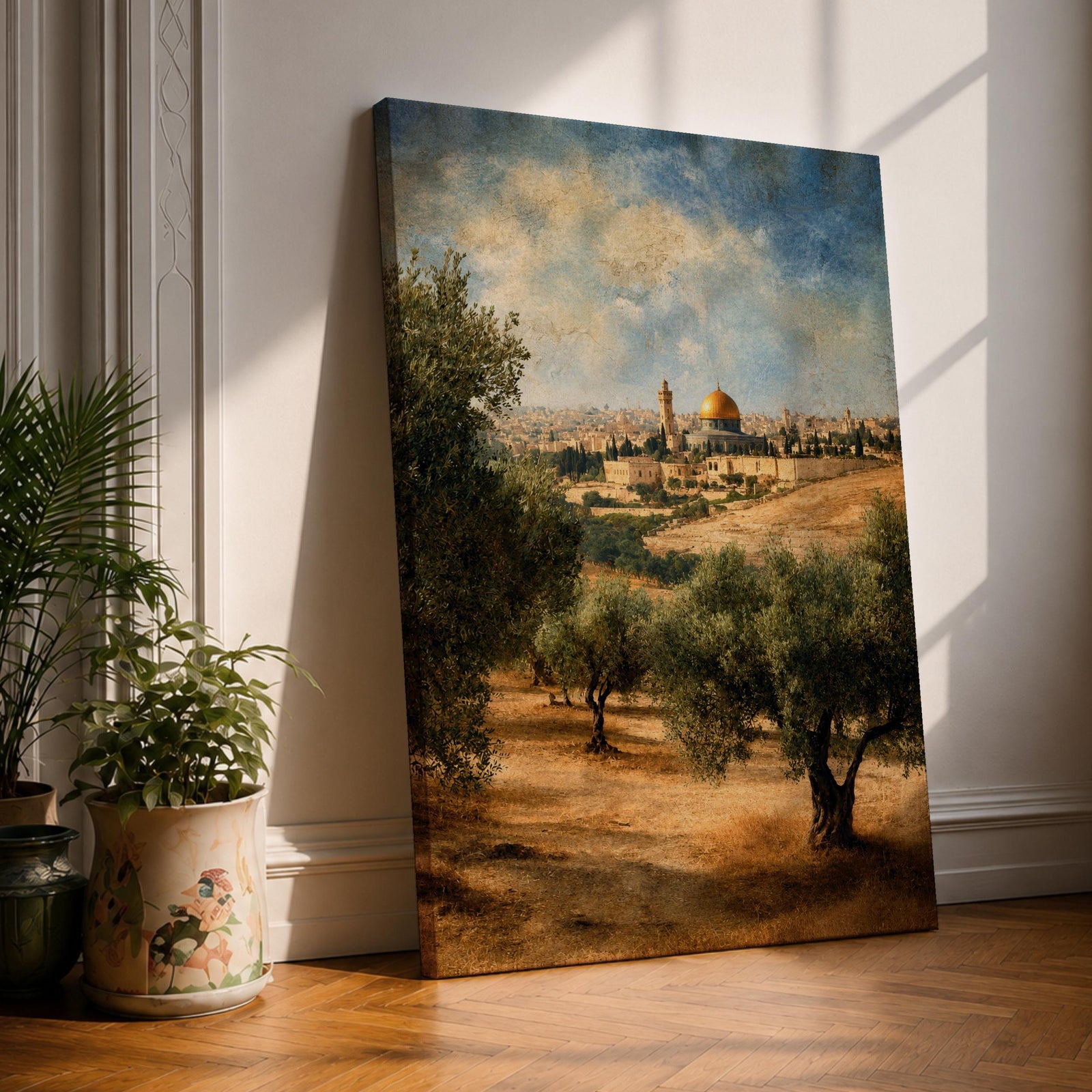 A vintage-style canvas print depicting the Dome of the Rock, also known as Qubbat al-Sakhrah, an iconic Islamic landmark in Jerusalem. The artwork shows the golden dome surrounded by olive trees and historic architecture under a partly cloudy sky, rendered with textured, aged effects for a classic look.